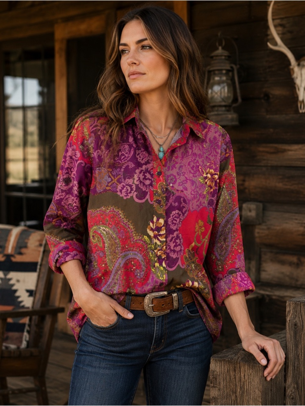 Coldwater Creek Paisley Floral Button Front Shirt Purple Pink Western Boho L